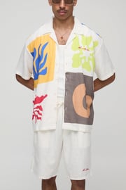 Oversized Abstract Linen Blend Shirt & Relaxed Short Set | boohooMAN USA