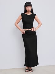 Knit Fabric Solid Tank Top & Ruched Maxi Skirt For Date