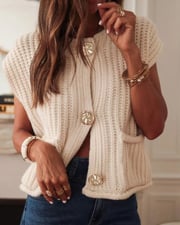 V-Neck Sleeveless Button Front Knit Vest Casual Loose Fit Sweater Top with Pockets