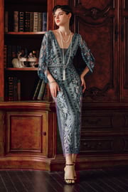 Glittering Sheer-Sleeve Sequined Evening Gown