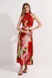 Petite Floral Halter Neck Pleated Midi Dress | Karen Millen