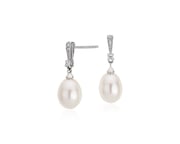 Freshwater Cultured Pearl and White Topaz Drop Earrings in Sterling Silver (7mm)