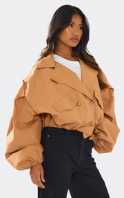 Long Sleeve Cinched Waist Cropped Trench Coat In Light Brown