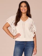 Flutter Sleeve V-Neck Mixed Media Top with Die Cut Embroidery