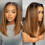 Klaiyi Honey Brown Piano Highlight Bob Wig with Dark Roots 7x5 Bye-Bye Knots Wig Flash Sale