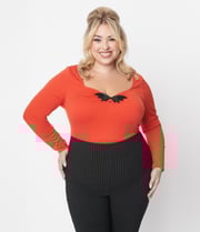 Unique Vintage Orange & Black Bat Bow Long Sleeve Top