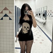 Skull Print Sleeveless Gothic Dress with High Waist Design