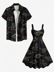 Stick Figure Dinosaur Print Plus Size Matching Hawaii Beach Outfit For Couples
