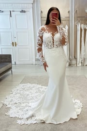 Gorgeous Mermaid V-Neck Long Sleeves Lace Bridal Dresses Long On Sale