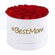 #BestMom Large Round White Box with Red Flame Roses