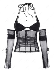 Halter Sheer Mesh Ruched Open Shoulder Corset Top