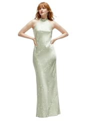 Floral Stand Collar Bias Satin Maxi Dress with Self-Tie Bow Back