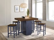 5 Piece Counter Height Table Set In Antique Dark Oak and Muted Blue
