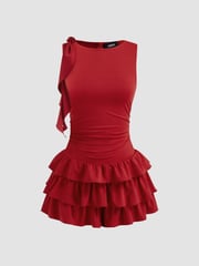 Jersey Boat Neck Ruched Ruffle Hem Layered Micro Romper For Date