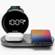 iHome Quad 4-in-1 Dual Qi 15W Wireless Fast Charger, AirPod Charging, Apple Watch Charger, and USB Charging Alarm Clock - Gray (IWW33)