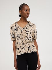 Textured Floral Print V-Neck Top