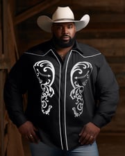 Men's Plus Size Western Denim Pattern Lapel Long Sleeve Shirt