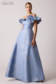 Off Shoulder Jacquard Ruffle Gown With Flower Applique