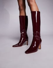 Public Desire Wide Fit Pose square toe heeled knee boots in burgundy