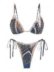 ZAFUL Women's Ethnic Bandana Paisley Print Tie Side Lace Trim Tanga Triangle Bikini Set Two Piece Swimwear
