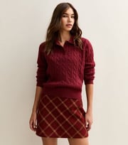 Burgundy Cable Knit Button Polo Jumper