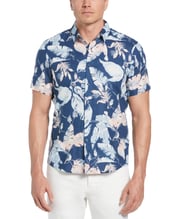 Linen-Blend Tropical Bird Print Shirt
