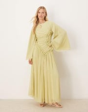 ASOS DESIGN crinkle chiffon gathered maxi dress with micro ruffles in sage green