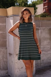 Green Stripe Pleated Mini Dress-FINAL SALE