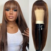 Klaiyi 4x2 Lace Closure #4 Chocolate Brown Yaki Straight Wig with Bangs Lace Part Glueless Wig Human Hair Flash Sale