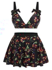 [Pre-Sale] [Plus Size] Black 1950s Cherry Bow V-Neck Swimsuit