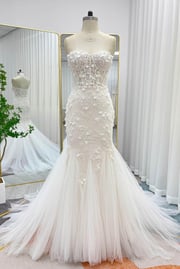 Trumpet-Mermaid Court Train Lace Tulle Wedding Dress CW3244