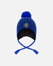 Winter Peruvian Knit Hat With Pompom And Lining Black And Blue