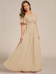 ever ASPYN|Short Sleeve Pleated Applique A-Line Floor-Length Formal Evening Dress