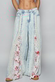 POL Twill Pants with Lace and Floral Print Panels in Denim