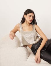 ARRANGE embellished beaded square neck boxy crop top in silver