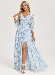 A-line V-Neck Floor-Length Chiffon Mother of the Bride Dress With Cascading Ruffles (008312296)