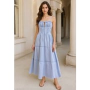 Button Decor Pintuck Eyelet Shirred Dress in Light Blue