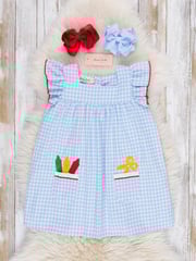 Blue Gingham Embroidered Crayons Ruffle Dress