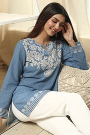 Blue Printed Straight Short Kurta