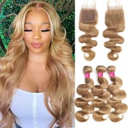 #27 Honey Blonde Milk Tea Brown Body Wave 3 Bundles with 4x4 Lace Closure Human Hair