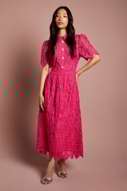 Short Sleeve Collared Lace Midi Dress