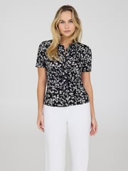 Ditsy Print Ruched Button-Front Blouse