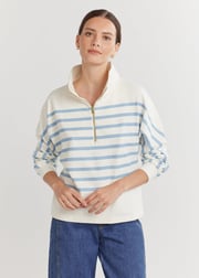 Marion Zip Pullover in Terry Fleece (Cream/Ice Blue Placed Stripe)