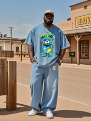 Plus Size Men's Street Fashion Explodes Beating Bear Denim T-Shirt Pants Suit