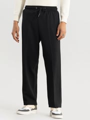 Snitch Men Black Smart Loose Fit Parallel Trousers