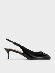 Black Aretha Patent Leather Bow Slingback Kitten Heels | CHARLES & KEITH