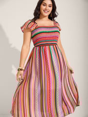 Colorful Stripe Flutter Sleeve Pockets Midi Dress