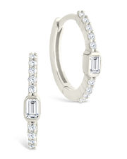 Sterling Silver Emerald Cut Bezel Set Huggie Hoop Earrings