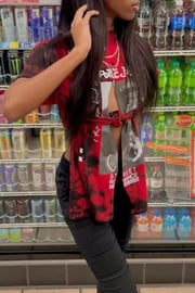 Red Street Print Patchwork Slit Asymmetrical O Neck T-Shirts