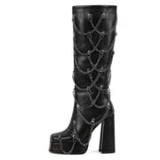 Square Toe Platform Metal Chain Knee High Boots